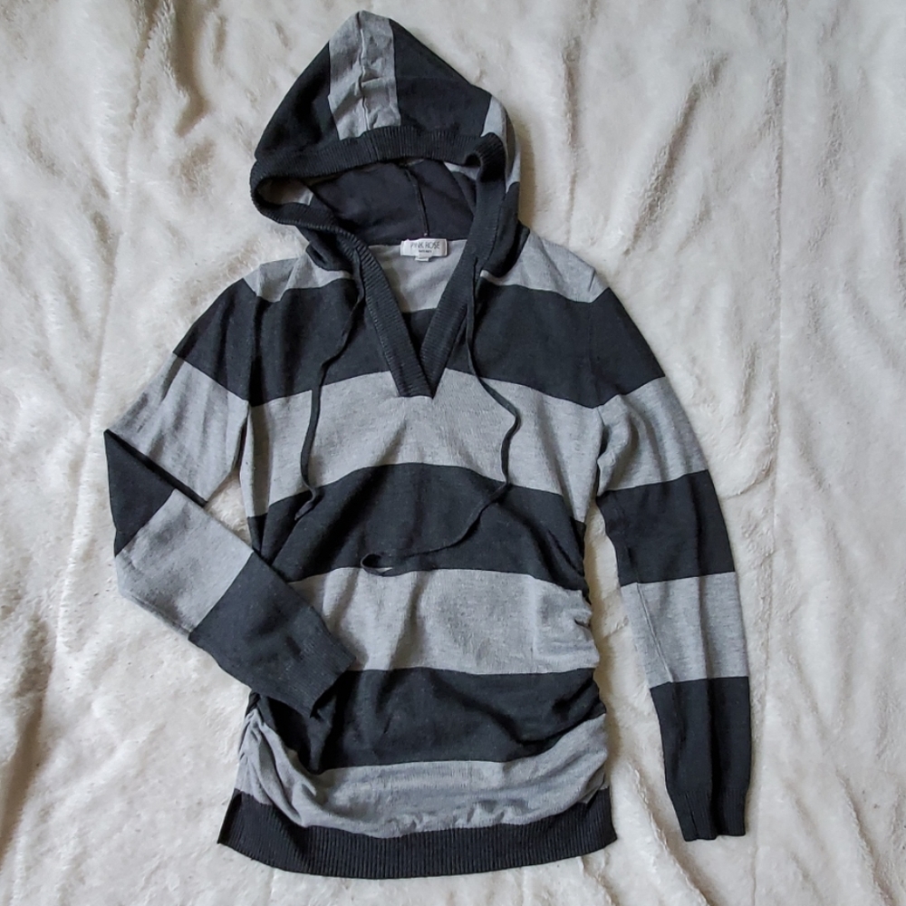 Pink Rose Black and Gray Striped V-Neck Sweater